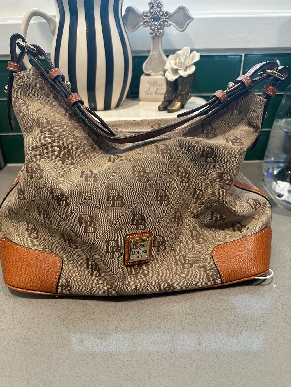 Dooney & Bourke Tan Logo-Print Shoulder Bag VINTAGE